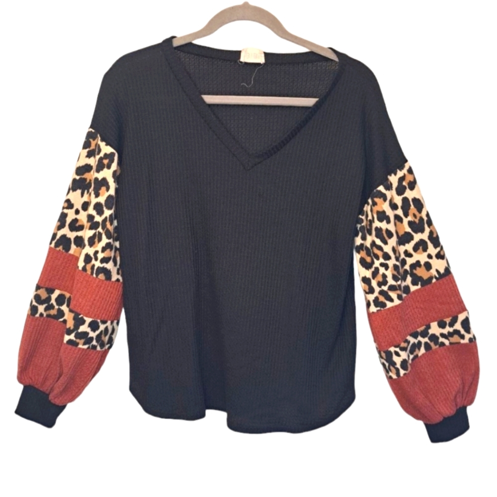 BiBi Oversized Waffle Knit Balloon Sleeved Colorblock Leopard Print Size Small